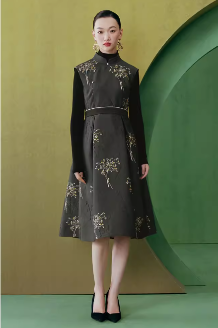 Chinese style improvement cheongsam elegant jacquard high waist big swing dress designer dress new women's dress