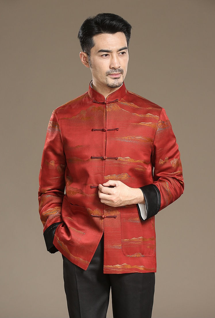 High-grade Tang suit for men middle-aged silk Song brocade brocade gauze Spring and autumn coat Chinese standing collar tray buckle banquet suit