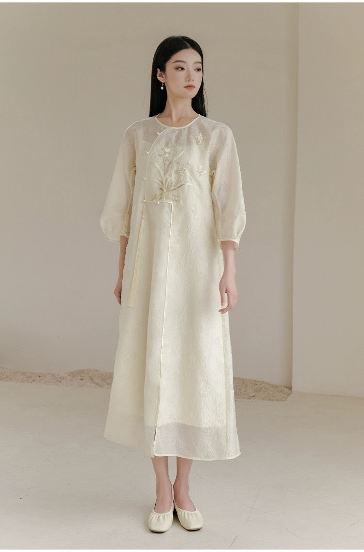 New Chinese orchid grass embroidery national style literary dress female 2023 summer new improved chic long dress Has sold 100+