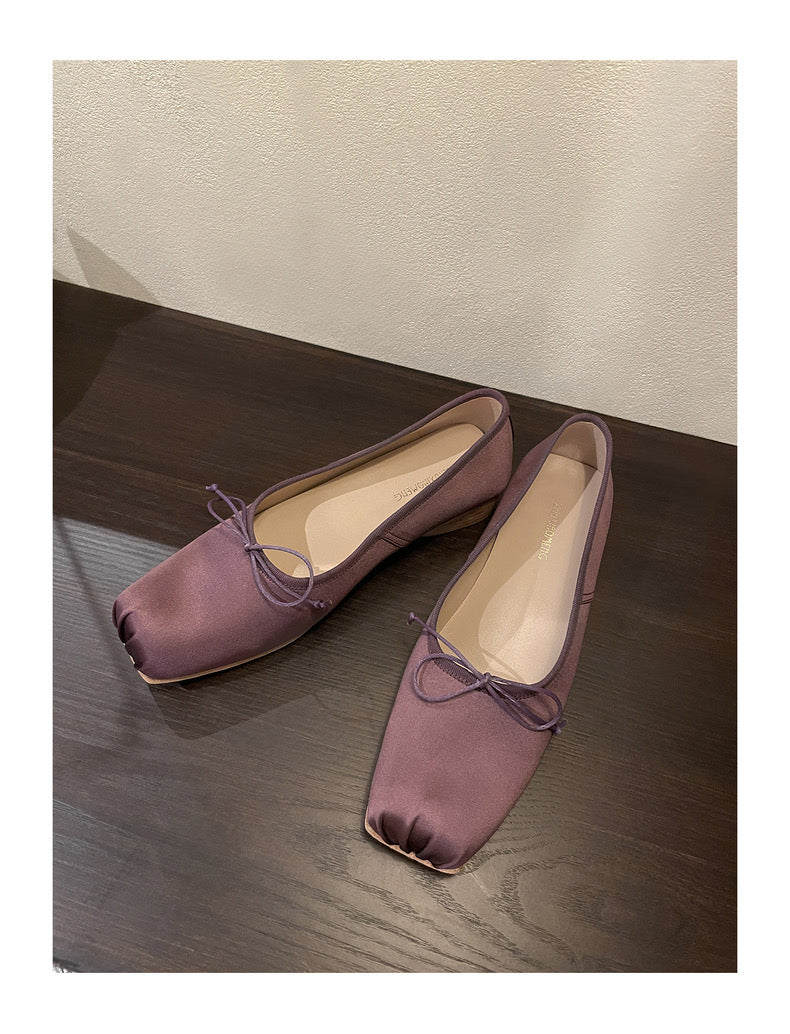 Handmade silk ballet shoes Leather soles vintage pig head low heel bow single shoe ballerina