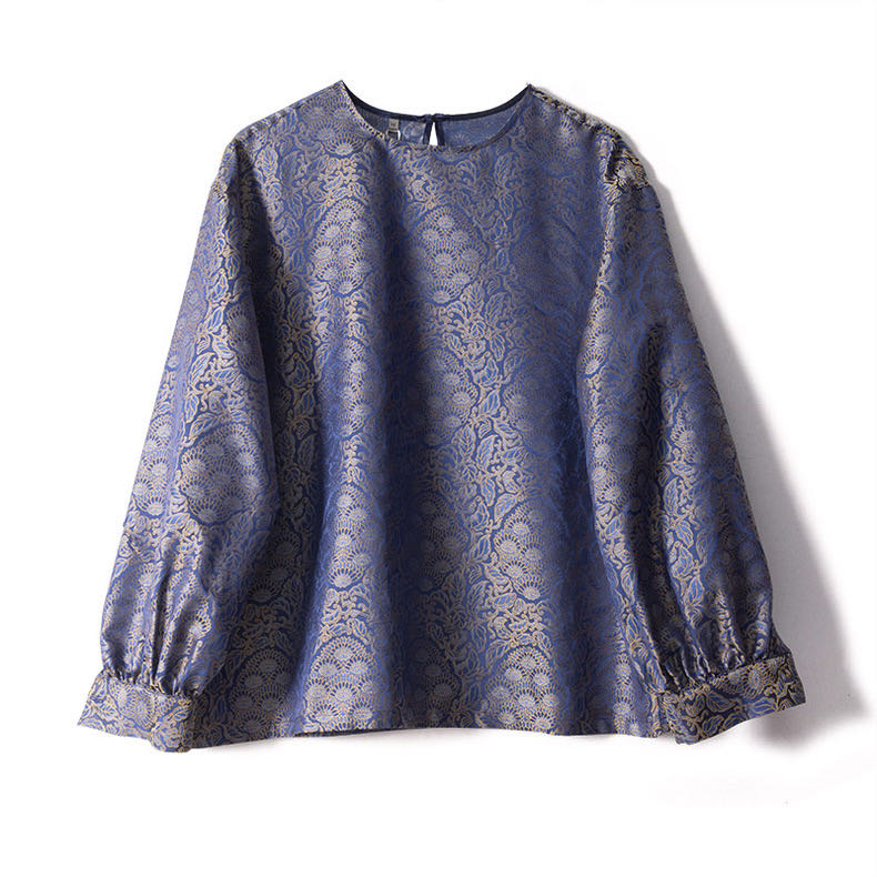 100 mulberry silk Song brocade new Chinese blue branch texture gentle light elegant silk retro blouse