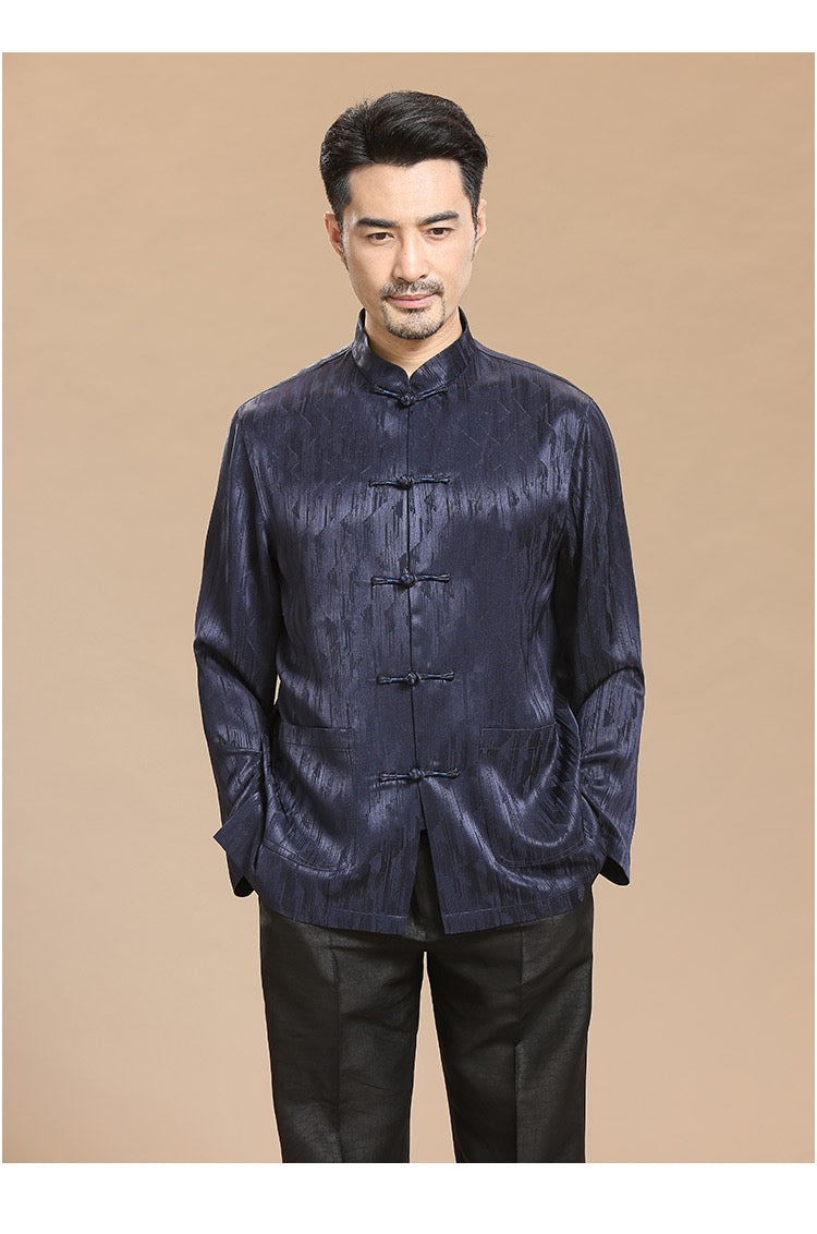Middle-aged and elderly Tang suit male long-sleeved spring and autumn plate button shirt Chinese style stand collar casual Chinese style dad suit