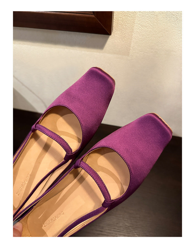 Mary Jane shoes square head silk Sandin ballet shoes women's single shoes pig nose new leather sole