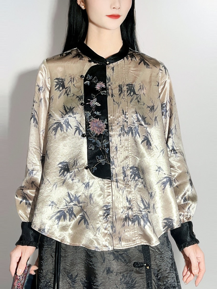 Women's new Chinese style embroidery style standing collar with beaded button long sleeve shirt top