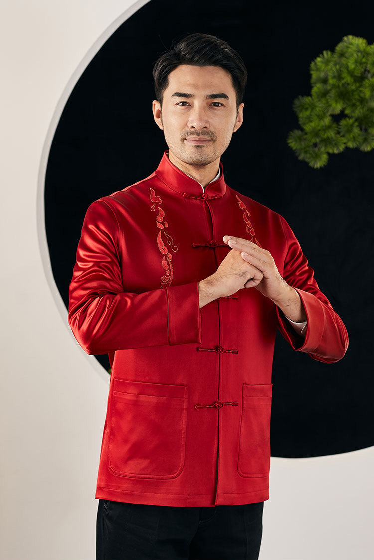Men's Chinese Tang suit long sleeve red coat Chinese style stand collar plate buckle spring and autumn embroidery festive banquet birthday dress