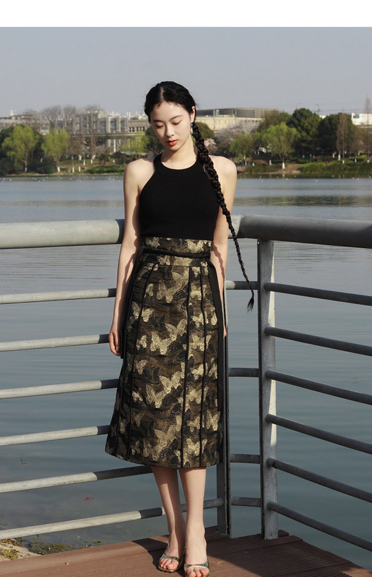 Summer senior sense gold silk butterfly new Chinese light national style skirt retro improved version of horse skirt fashion skirt