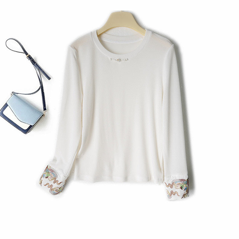 Ladies spring summer new Chinese embroidered cuffs round neck Chinese long sleeve T-shirt top base spring thin little shirt