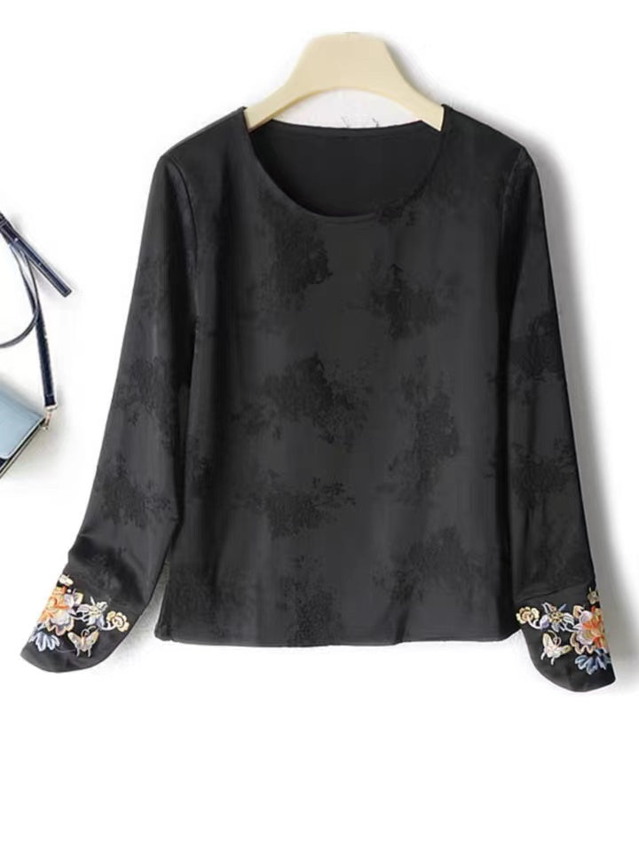Women's new Chinese embroidery cuff round neck long sleeve jacquard shirt with slim T-shirt top thin base shirt