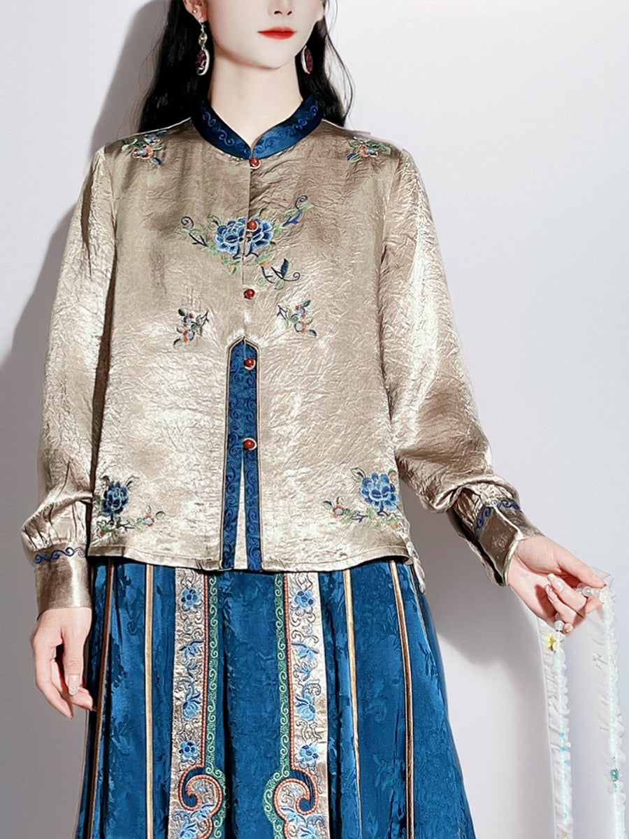 Ladies national style embroidery style style standing collar long sleeve blouse blouse blouse