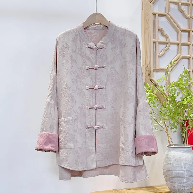 New Chinese-style National Wind Old Cloth Flower Button Open Cardigan Coat 51406 · Light Khaki Short Section One Size