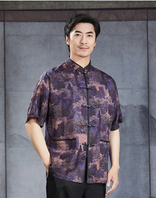 men's Chinese Tang suit summer short-sleeved shirt Chinese style disc buckle gauze with shoulder sleeve shirt