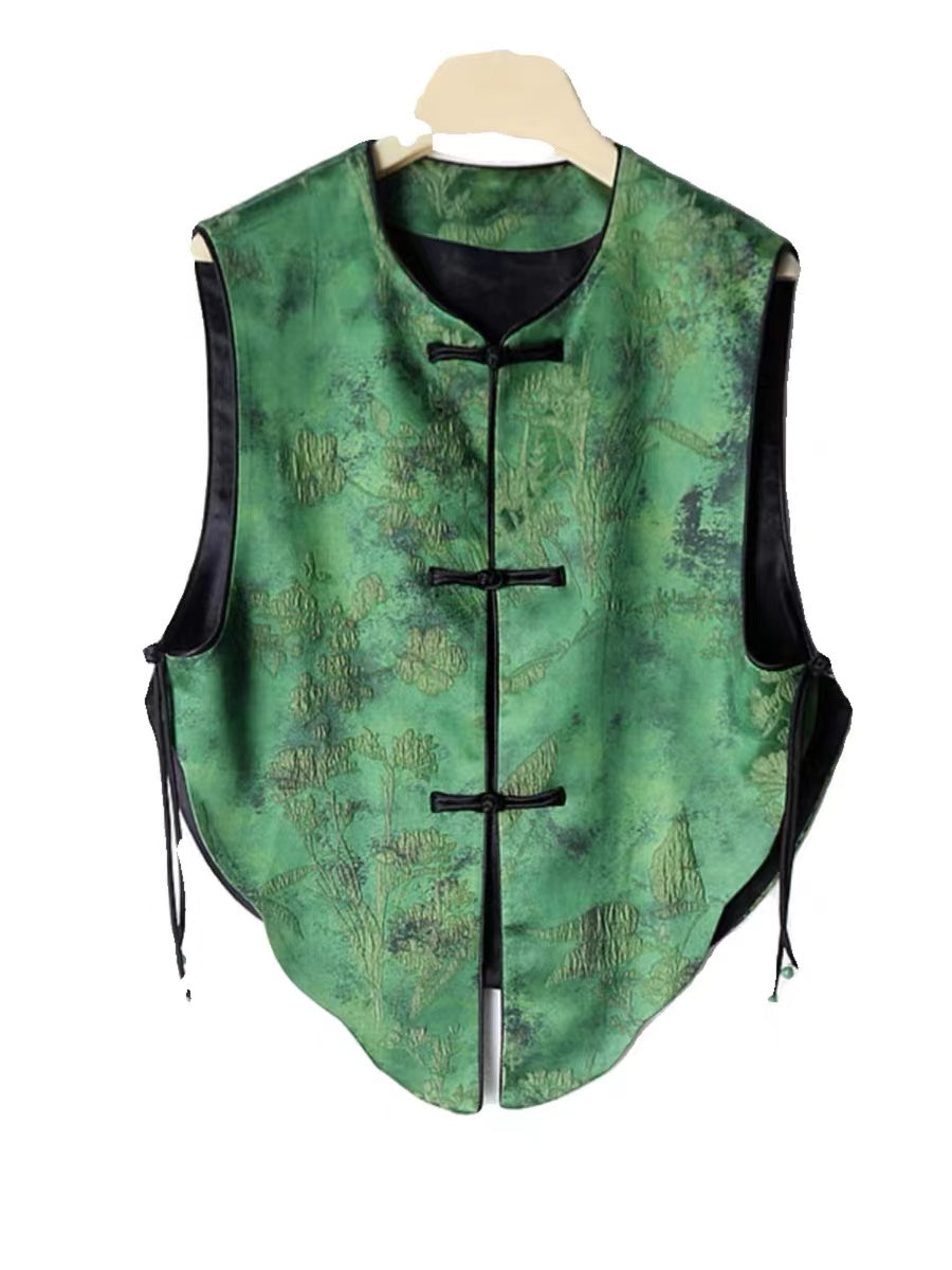Women's new Chinese plate buckle round neck short waistcoat jacquard green round swing waistcoat all matching slimming waistcoat Spring Autumn