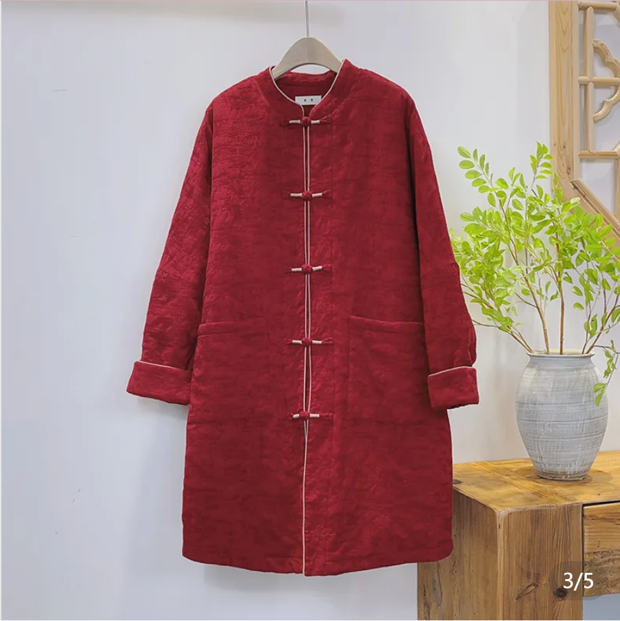 【Warm Winter】Embroidered Cotton and Linen New Chinese-style Traditional Chinese Handmade Button Long Cotton Jacket Coat 51356