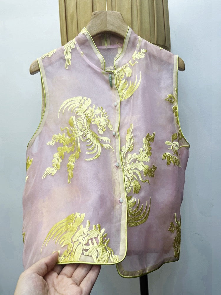 Chinese style embroidery silk vest vest for women 2023 summer new retro disc buckle fashion thin style blouse