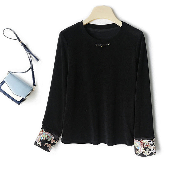 Ladies spring summer new Chinese embroidered cuffs round neck Chinese long sleeve T-shirt top base spring thin little shirt