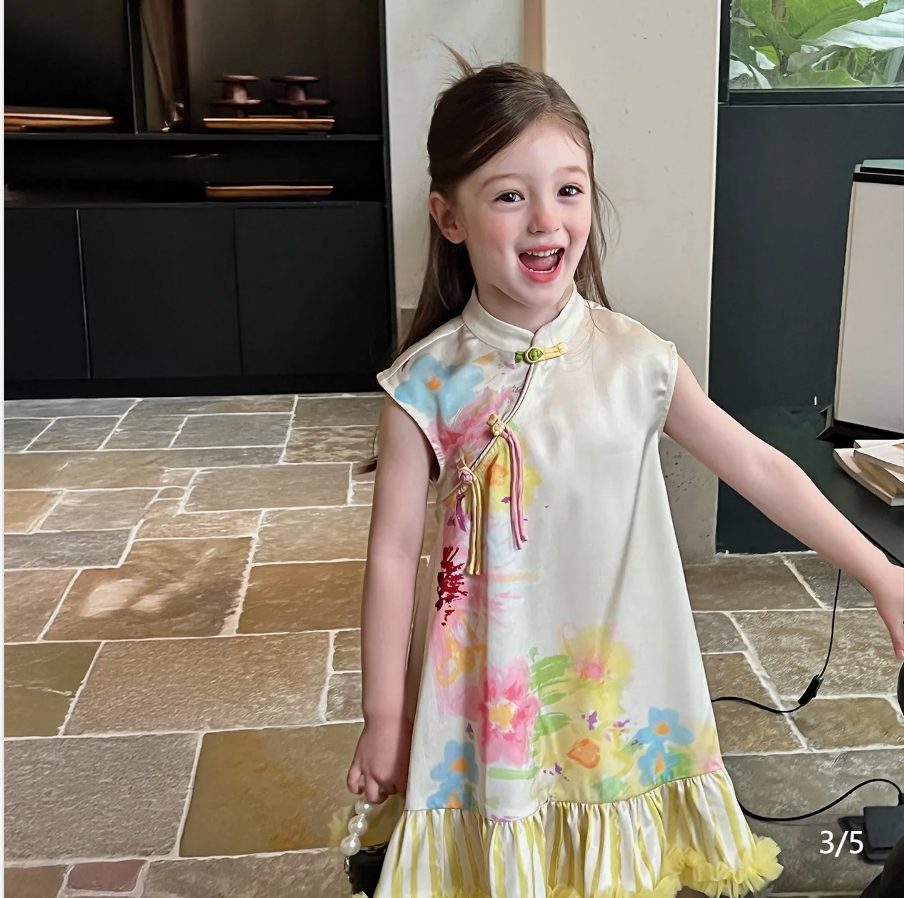 Gardenia grew up remember children's clothing girls new Chinese cheongsam dress summer children's national style skirt splicing mesh dress