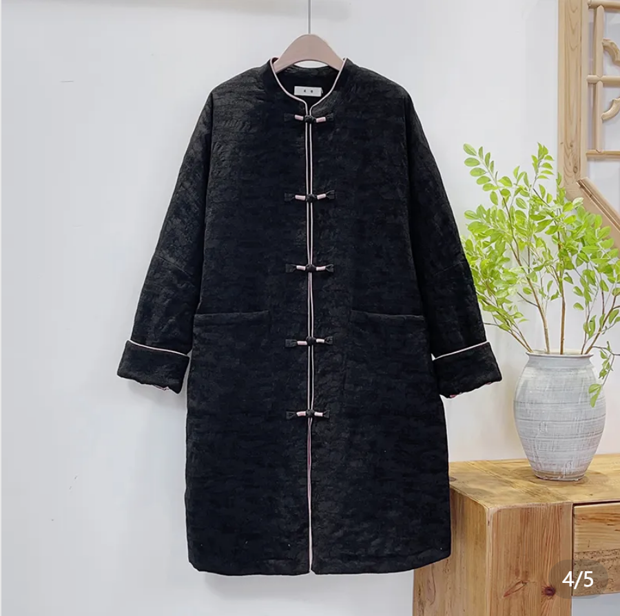 【Warm Winter】Embroidered Cotton and Linen New Chinese-style Traditional Chinese Handmade Button Long Cotton Jacket Coat 51356