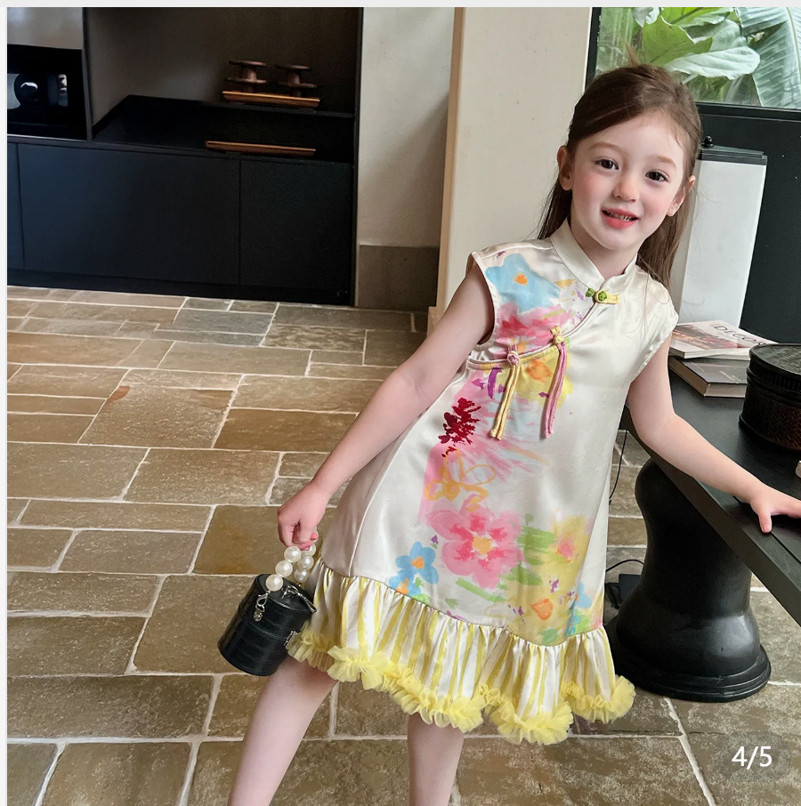 Gardenia grew up remember children's clothing girls new Chinese cheongsam dress summer children's national style skirt splicing mesh dress