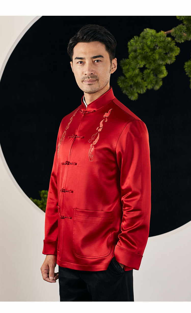 Men's Chinese Tang suit long sleeve red coat Chinese style stand collar plate buckle spring and autumn embroidery festive banquet birthday dress