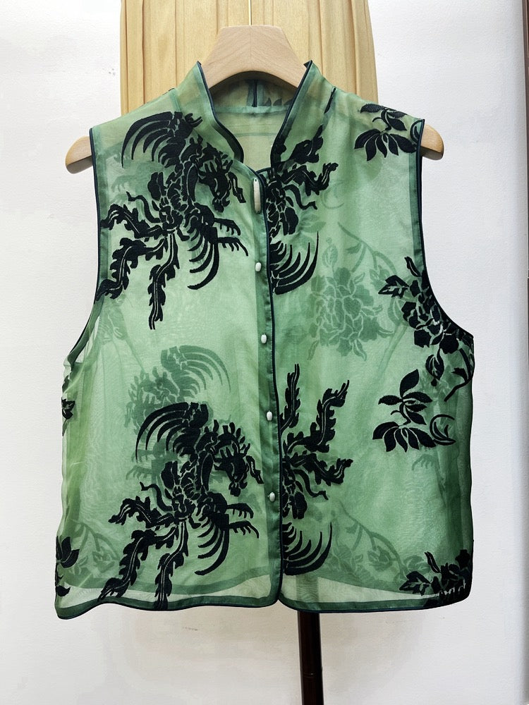 Chinese style embroidery silk vest vest for women 2023 summer new retro disc buckle fashion thin style blouse