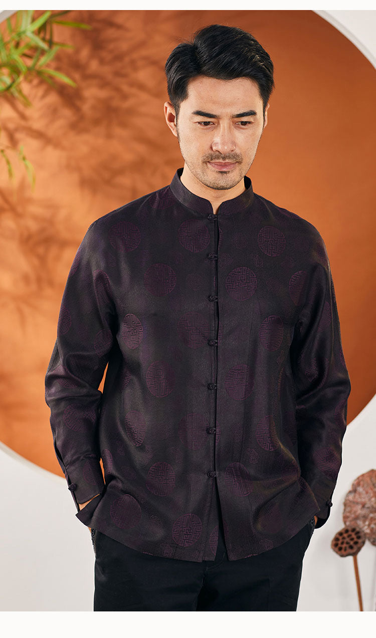 Men's Chinese silk gauze disc buckle Tang suit long sleeve shirt middle-aged leisure dad summer Zhongshan suit