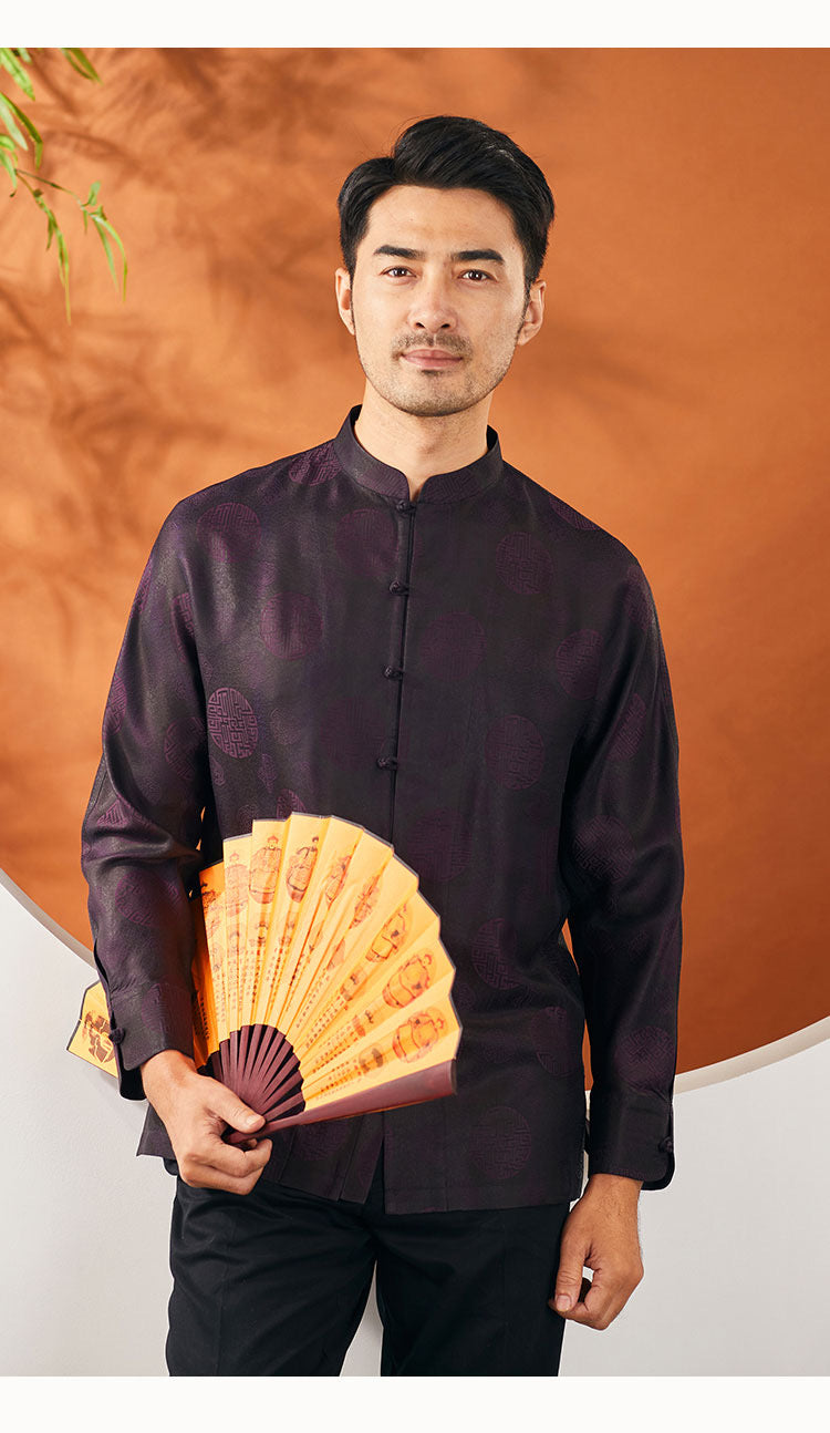 Men's Chinese silk gauze disc buckle Tang suit long sleeve shirt middle-aged leisure dad summer Zhongshan suit