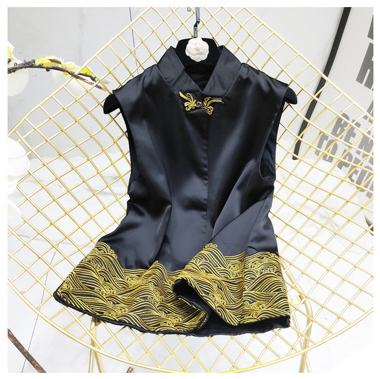 Chinese style gold thread embroidery disc buckle Tang suit vest vest autumn and winter Chinese style national wind blouse women thicker wear