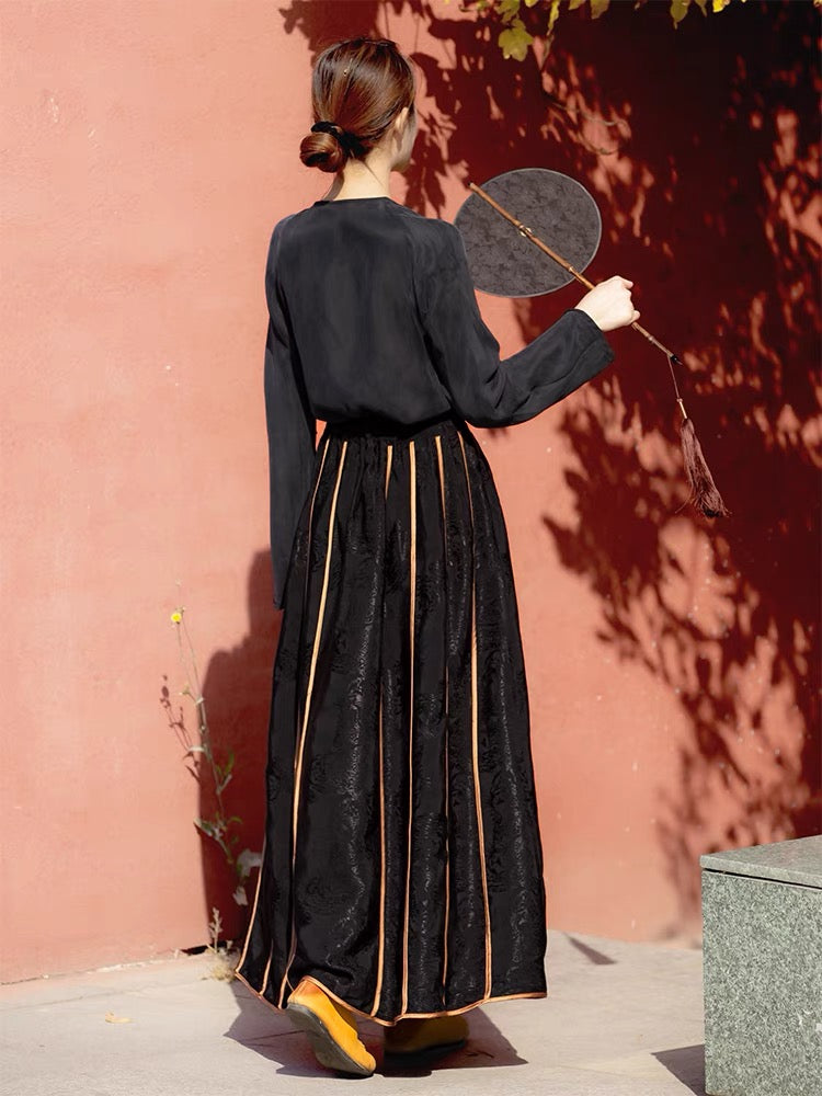 Horse skirt New Chinese black dark jacquard luxury skirt Umbrella skirt Chinese style high-waisted skirt