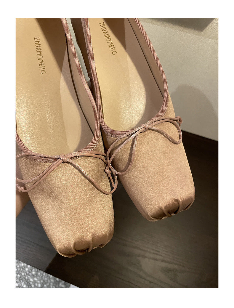 Handmade silk ballet shoes Leather soles vintage pig head low heel bow single shoe ballerina