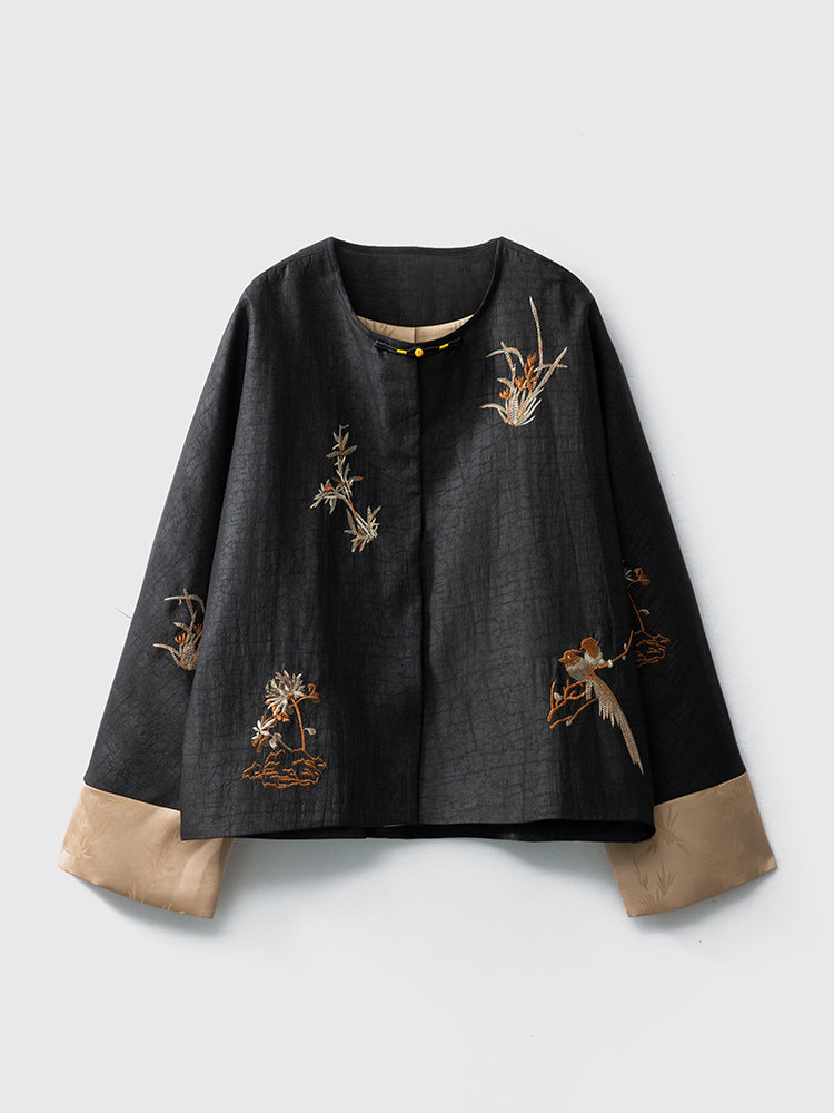 Silkworm silk non-heritage fragrant cloud yarn turtle cracks new Chinese style black embroidery Mandarin duck silk coat new style