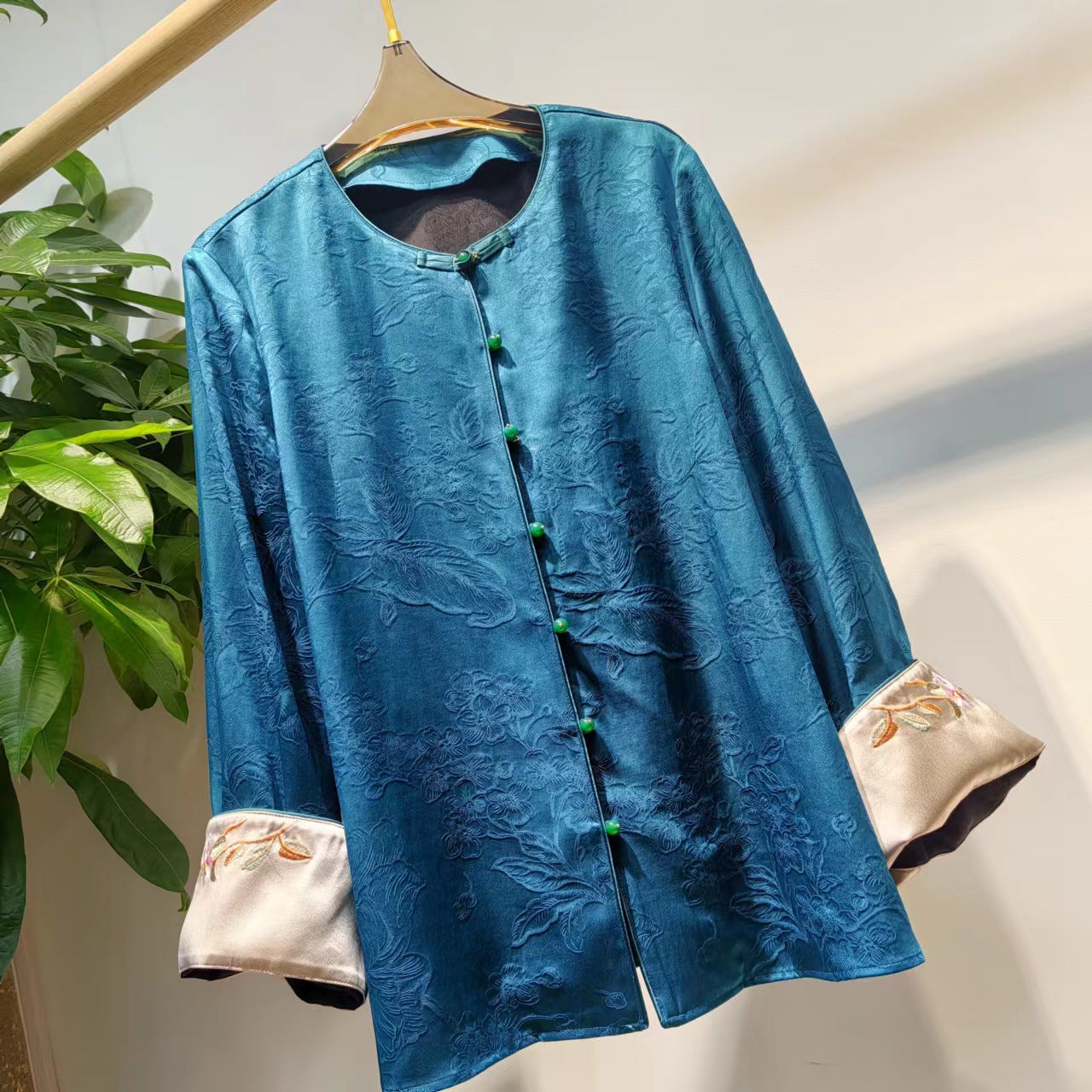 Spring summer silk gauze jacquard national style coat cuffs spell acetic acid heavy positioning embroidery new Chinese style blouse