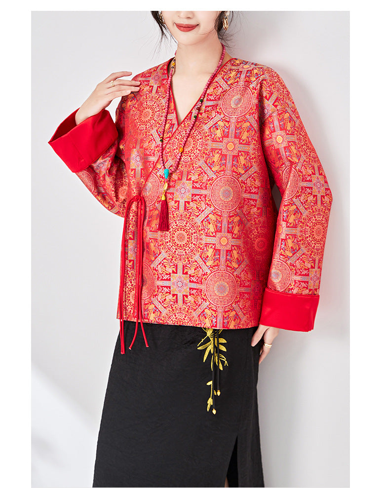 New national style retro Chinese rayon jacquard satin red coat for women's spring and autumn clothing