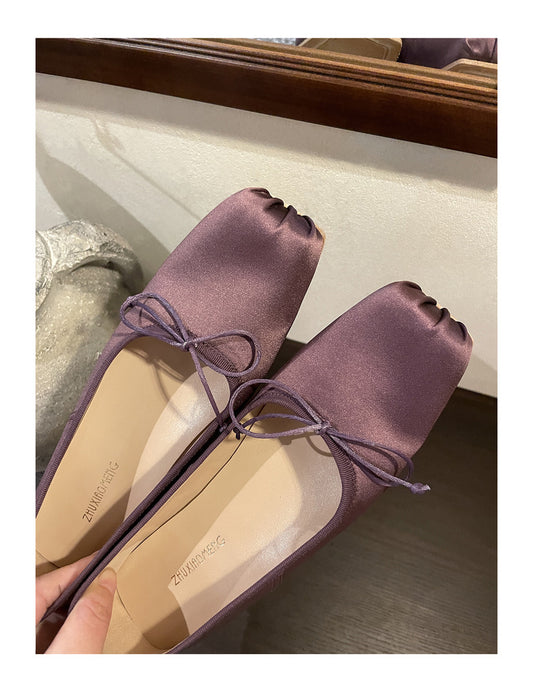 Handmade silk ballet shoes Leather soles vintage pig head low heel bow single shoe ballerina