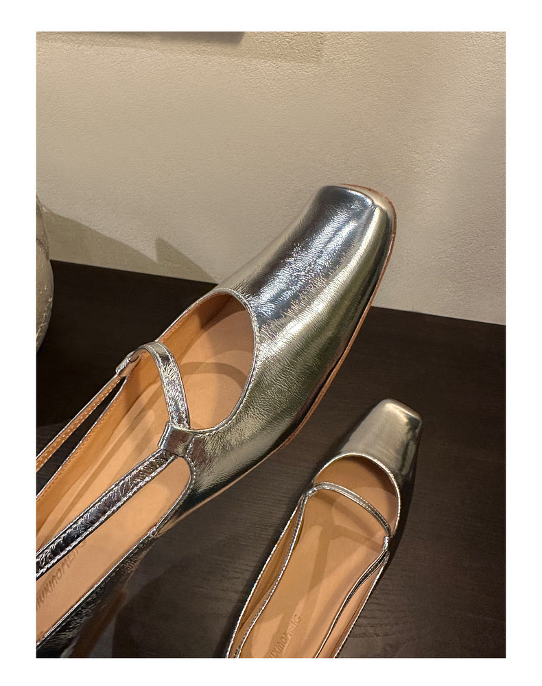 Mary Jane shoes square head silk Sandin ballet shoes women's single shoes pig nose new leather sole