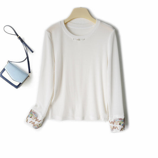 Ladies spring summer new Chinese embroidered cuffs round neck Chinese long sleeve T-shirt top base spring thin little shirt