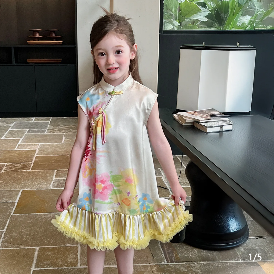Gardenia grew up remember children's clothing girls new Chinese cheongsam dress summer children's national style skirt splicing mesh dress