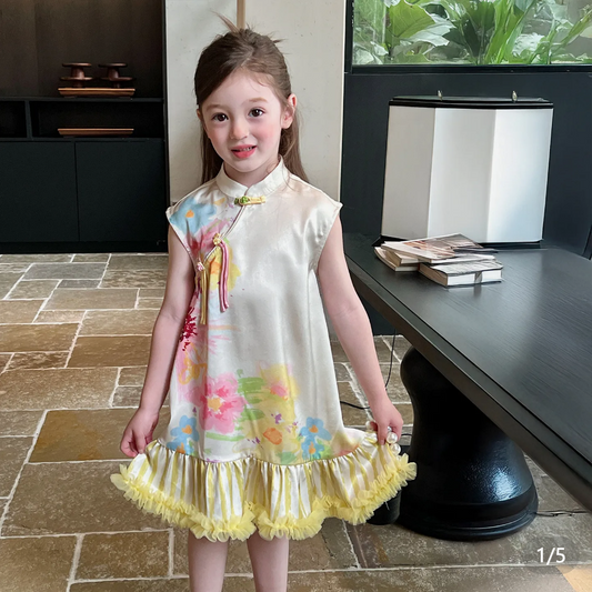 Gardenia grew up remember children's clothing girls new Chinese cheongsam dress summer children's national style skirt splicing mesh dress