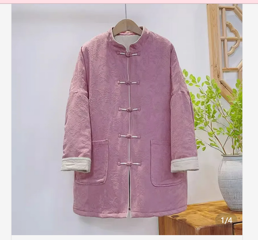 【Warm Winter】Embroidered Cotton and Linen New Chinese-style Traditional Chinese Handmade Button Long Cotton Jacket Coat 51356