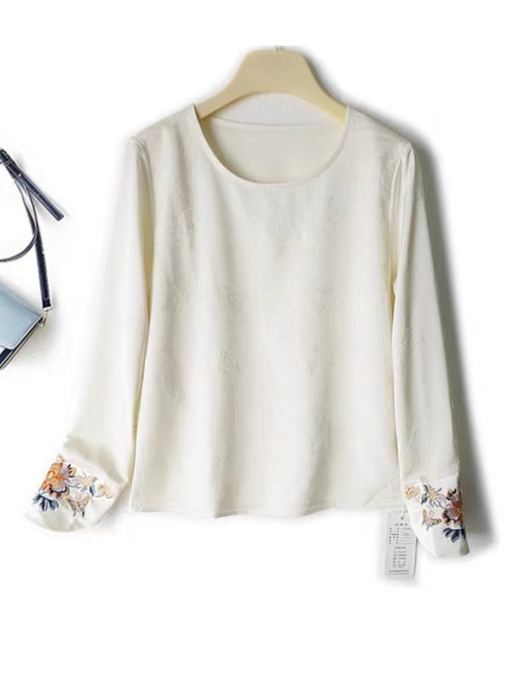 Women's new Chinese embroidery cuff round neck long sleeve jacquard shirt with slim T-shirt top thin base shirt