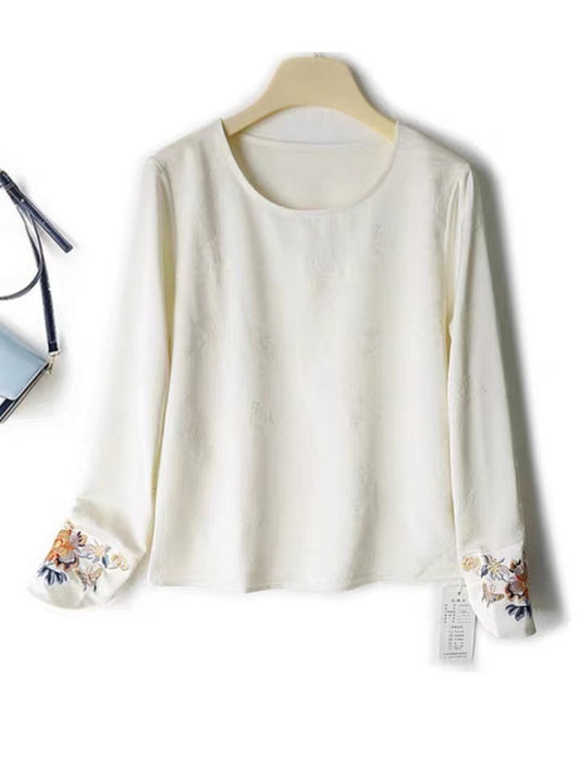Women's new Chinese embroidery cuff round neck long sleeve jacquard shirt with slim T-shirt top thin base shirt