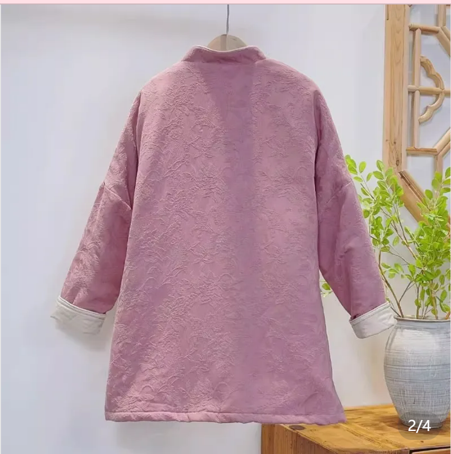 【Hibiscus】Vintage Embroidered Traditional Chinese Loose Handmade Button Thick Long Cotton Coat 51324