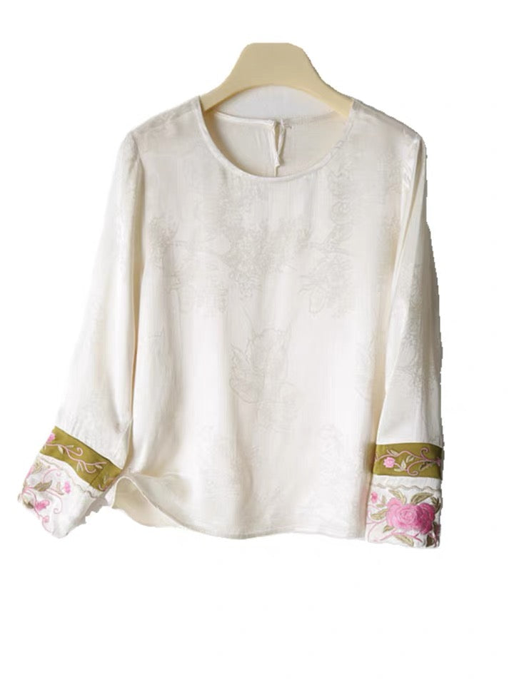Women's embroidered cuff round neck long sleeve jacquard shirt national style base shirt spring and summer new thin shirt T-shirt