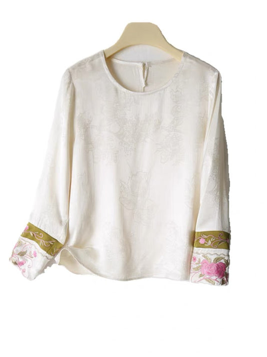 Women's embroidered cuff round neck long sleeve jacquard shirt national style base shirt spring and summer new thin shirt T-shirt