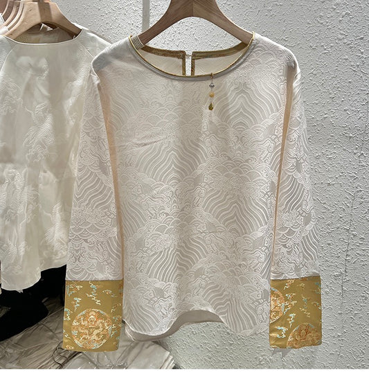 Women's new Chinese color contrast heavy embroidery jacquard long-sleeved shirt women's summer new temperament national style light top