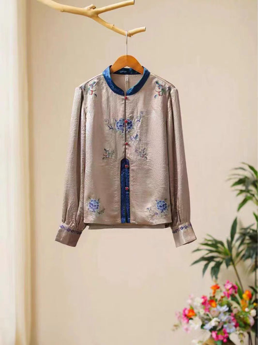 Ladies national style embroidery style style standing collar long sleeve blouse blouse blouse