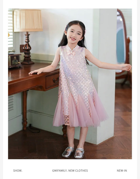 Girls' dress Summer mesh patchwork Princess dress Premium sequined sundress