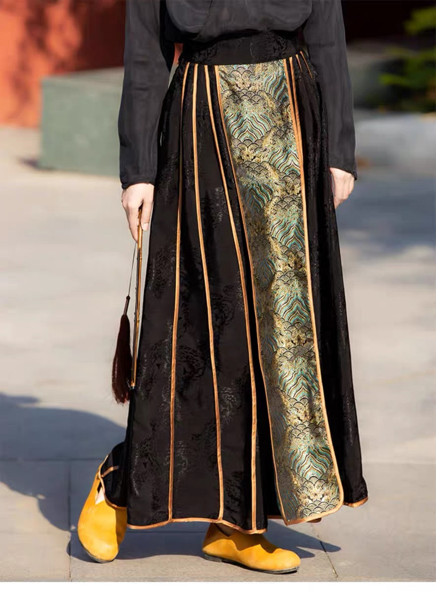 Horse skirt New Chinese black dark jacquard luxury skirt Umbrella skirt Chinese style high-waisted skirt