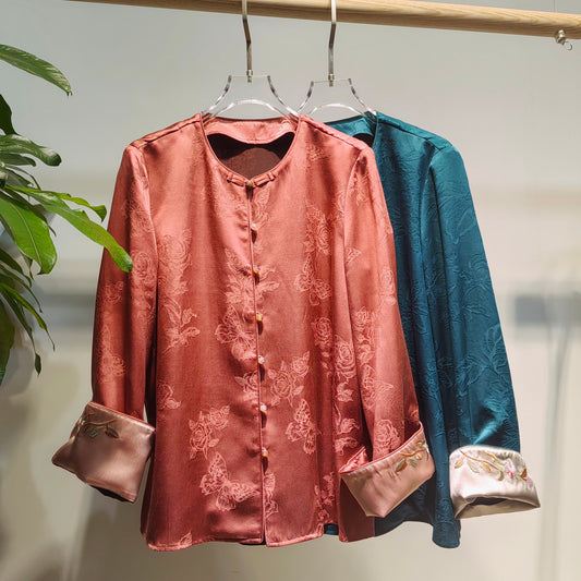 Spring summer silk gauze jacquard national style coat cuffs spell acetic acid heavy positioning embroidery new Chinese style blouse